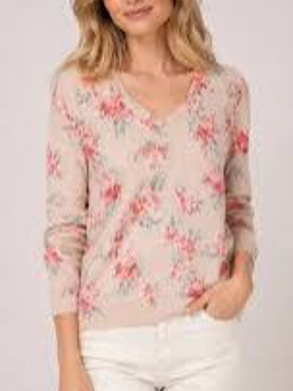 Charter Club 100% Cashmere Floral V-Neck Sweater Blush Pink Women’s Small EUC